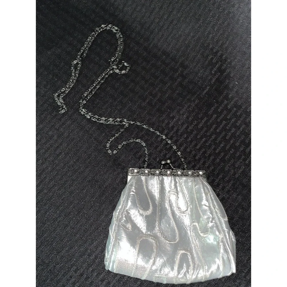 Purse Evening Bag Vintage Silver Embroidered Rhinestones Prom Wedding Formal - Picture 2 of 16